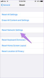 reset network setting iPhone