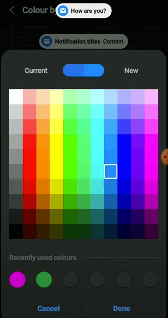 Interfaccia di selezione del colore sulla schermata dell'app mobile.