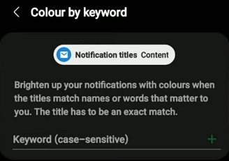 Interface de paramètres de notification de mots clés à code couleur.