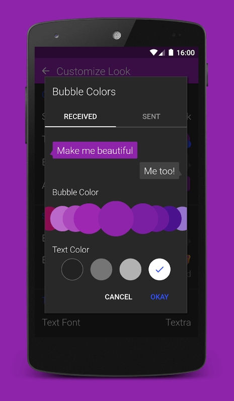Personalice los colores de las burbujas de mensajería en la pantalla de la aplicación del teléfono inteligente.