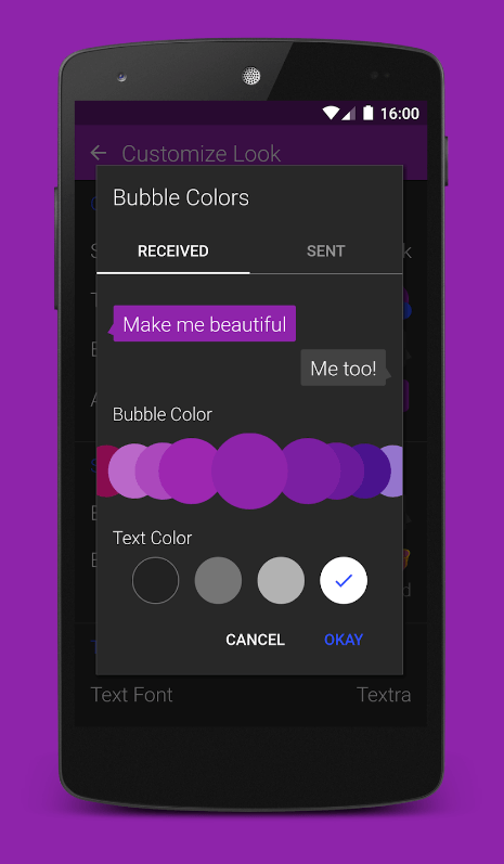 Customize messaging bubble colors on smartphone app screen.