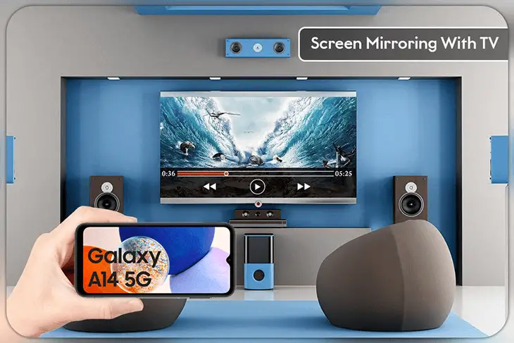 Smartphone screen mirroring to TV feature demonstration.