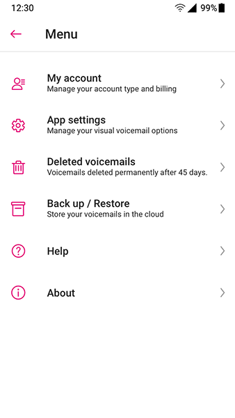 Mobile app menu with account and settings options.