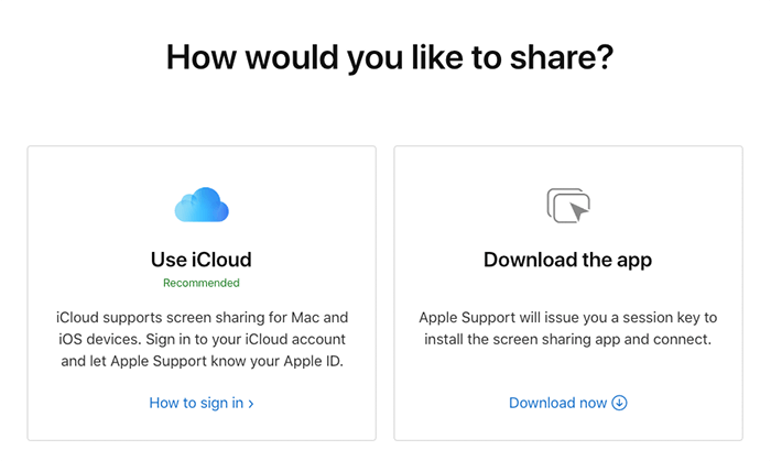 화면 공유를 위한 iCloud 및 앱 다운로드 옵션.