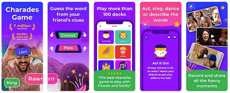 Colorful Charades game app screenshots with players acting out.