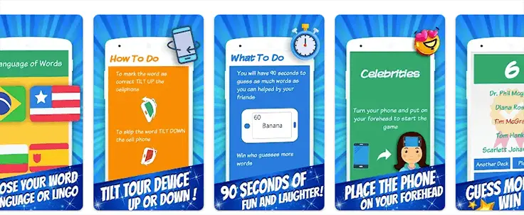 Mobile party game instructions and screen captures.