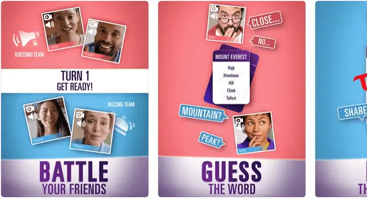Skærmbilleder af mobilspil af et sjovt selskabsspil til at gætte ord.