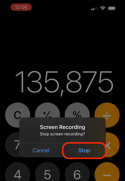 jak wyświetlić historię-kalkulatora na ekranie-iPhone'a i zatrzymać nagrywanie