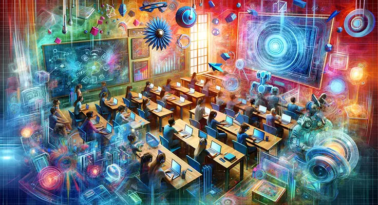 Futuristic classroom with holographic technology and students.