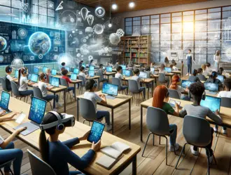미래의 교실 기술 개념에서 VR을 사용하는 학생들.