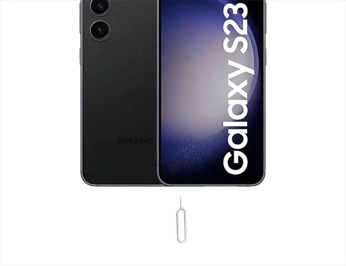 Samsung Galaxy S23 smartphone with SIM tool.
