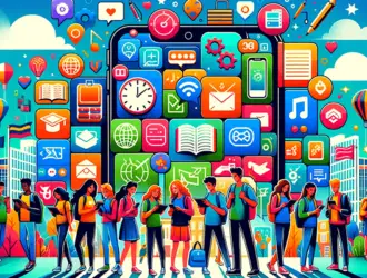 Colorful illustration of students with smartphone and app icons.