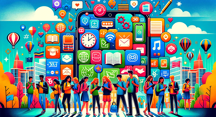Colorful illustration of students with smartphone and app icons.