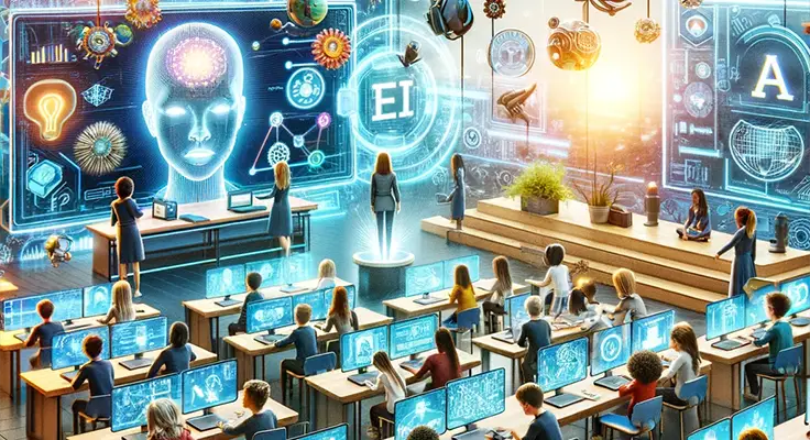 Futuristic classroom with interactive technology and holograms.