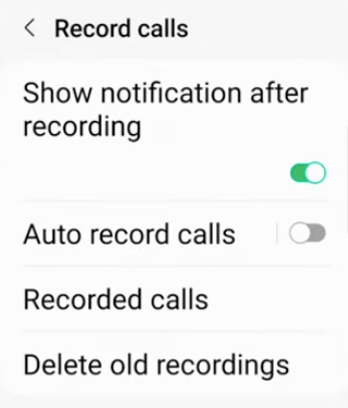 Call recording settings menu on a smartphone screen.