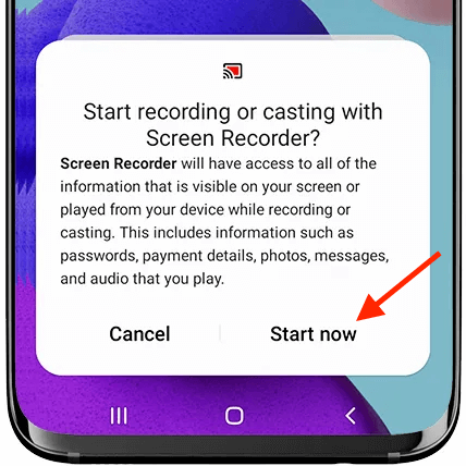 Mobile screen recorder prompt with start button.