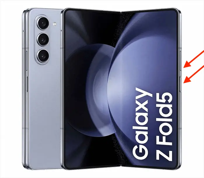 Samsung Galaxy Z Fold smartphone open with screen visible.