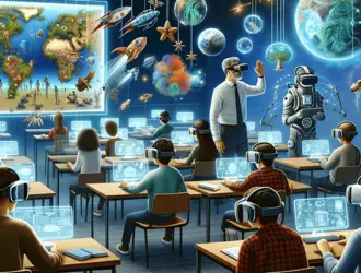 Classroom with virtual reality education technology.