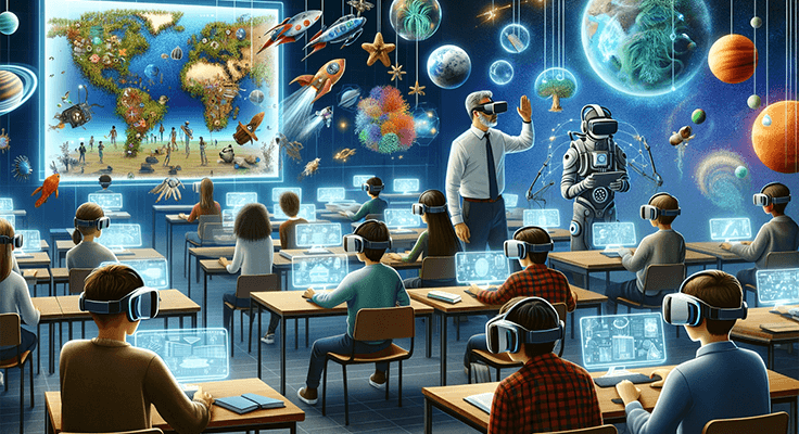 Classroom with virtual reality education technology.